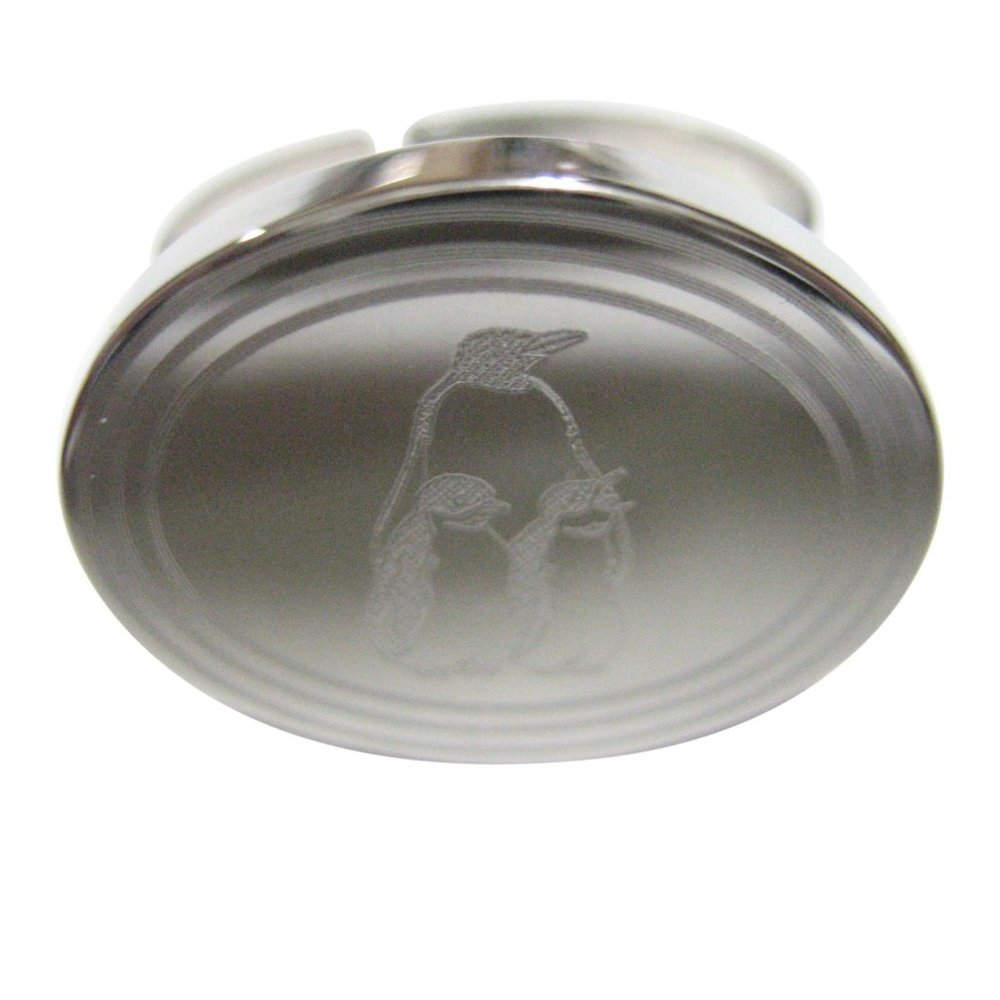 Etched Oval Family of Penguin Birds Ring
